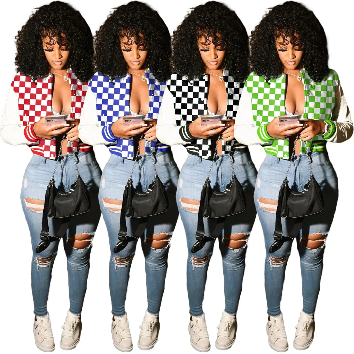 

BLX-8232 Ladies Fashion Button Chess Printed Baseball Jacket Threaded Jacket
