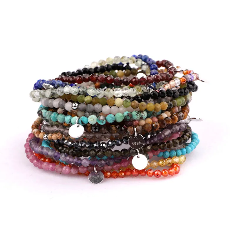

New High Quality 3MM Faceted Natural Semi-precious Stone 925 Sterling Silver Beads Custom Logo Gemstone Elastic Bracelet Women