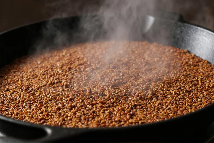 Close-up of cumin seeds toasting in cast iron skillet with steam rising
