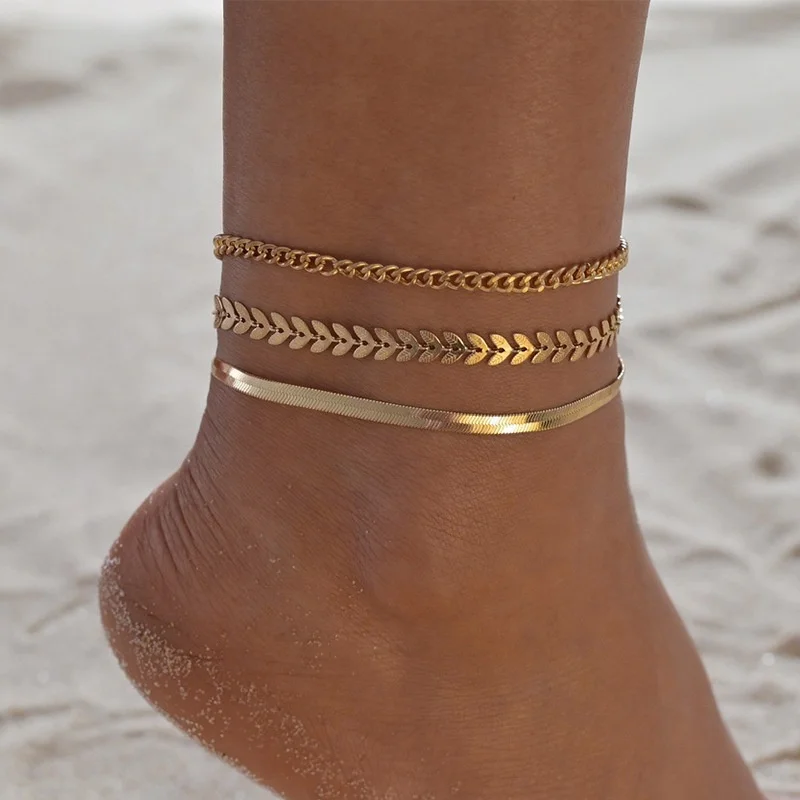 

2021 New Arrival Stainless Steel Cuban Link Anklet Foot Chain Gold Snake Fishbone Anklets Tornozeleira for Girls