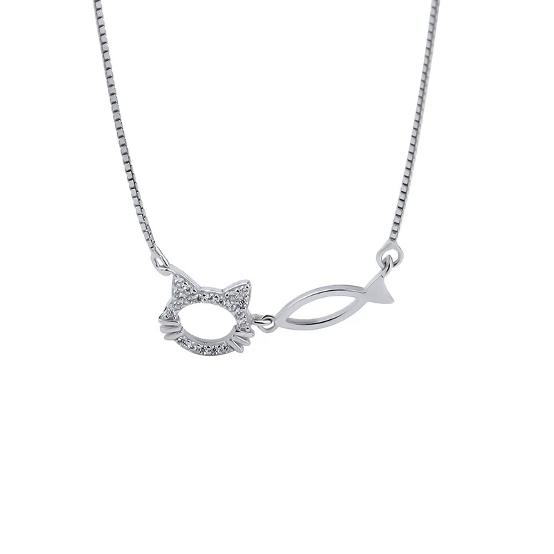 

Funny 925 Sterling Silver Hollow Micro Zircon Cat and Fish Connected Pendant Necklace Gift