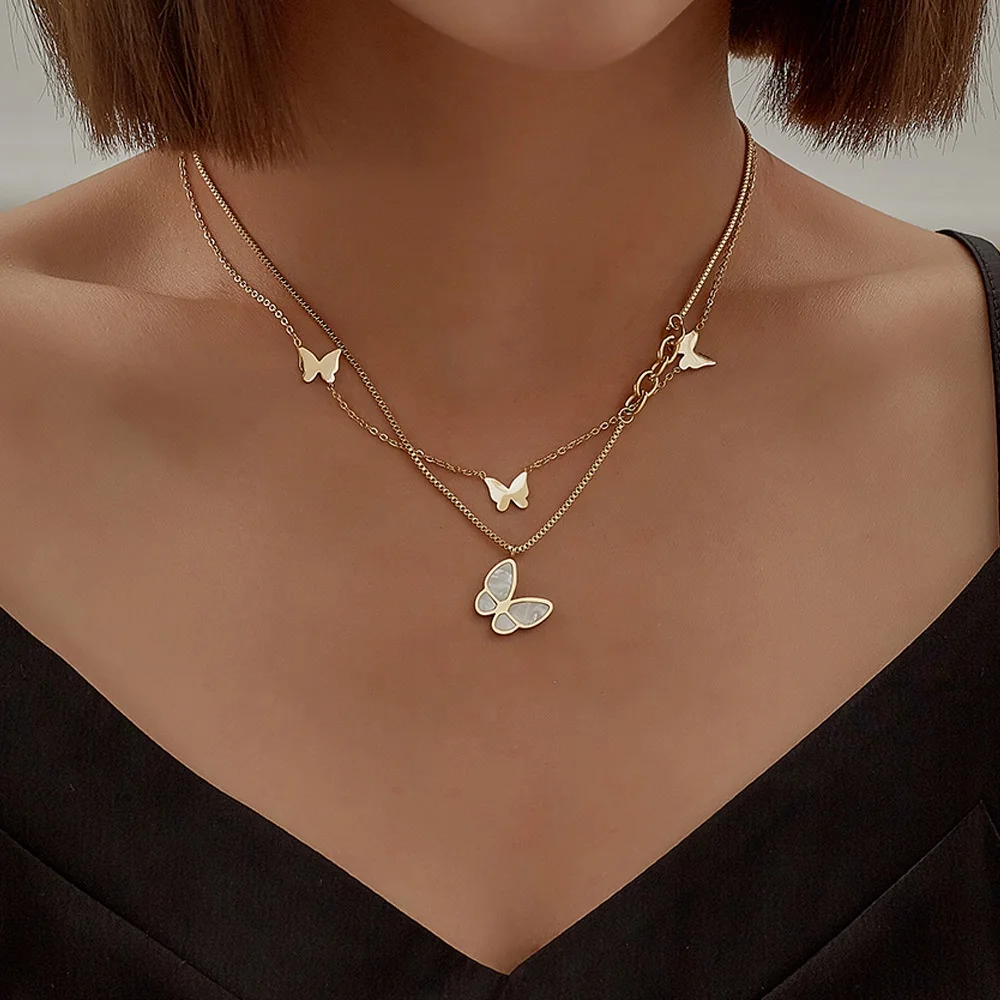 

Popular Stainless Steel Butterfly choker Necklace Women 14k gold jewelry wholesale necklace double layer necklaces, Picture shows