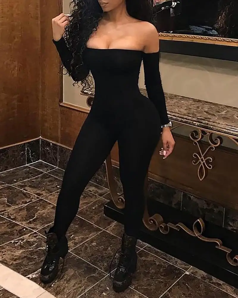 

Female Off Shoulder Black 2020 New Arrival One Piece Women Long Sleeve Jumpsuit