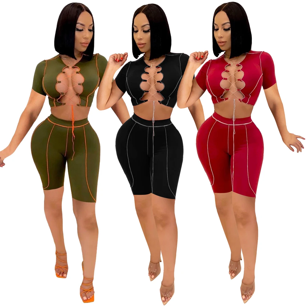 

(RTS 0.3) F5038 Two-piece set 2021 3 colors ribbed strappy t-shirt with biker shorts 2 piece summer shorts set
