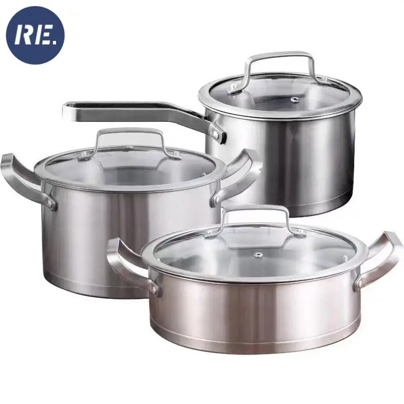 

Hot sale stainless steel cookware set thickened induction cooker soup pot frying pan three-piece single handle milk pan, Sliver