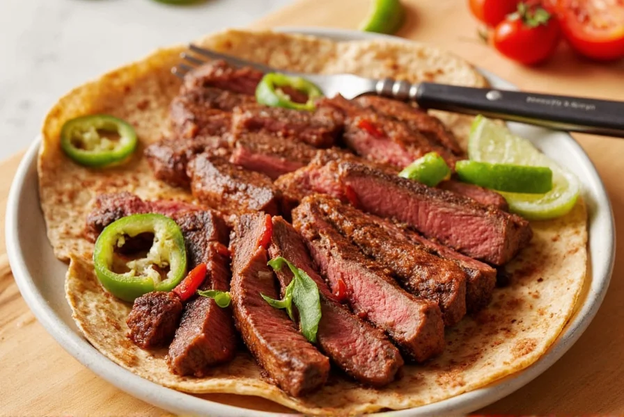 Cast iron skillet with sizzling fajitas and various toppings
