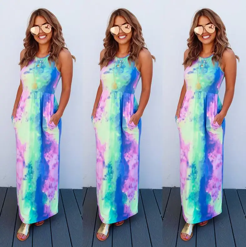 

Women's O-neck Sleeveless Tie Dye Multi-color Bodycon Long Maxi Dress Rainbow Gradient Print Top Long Dresses With Pockets, Customized color