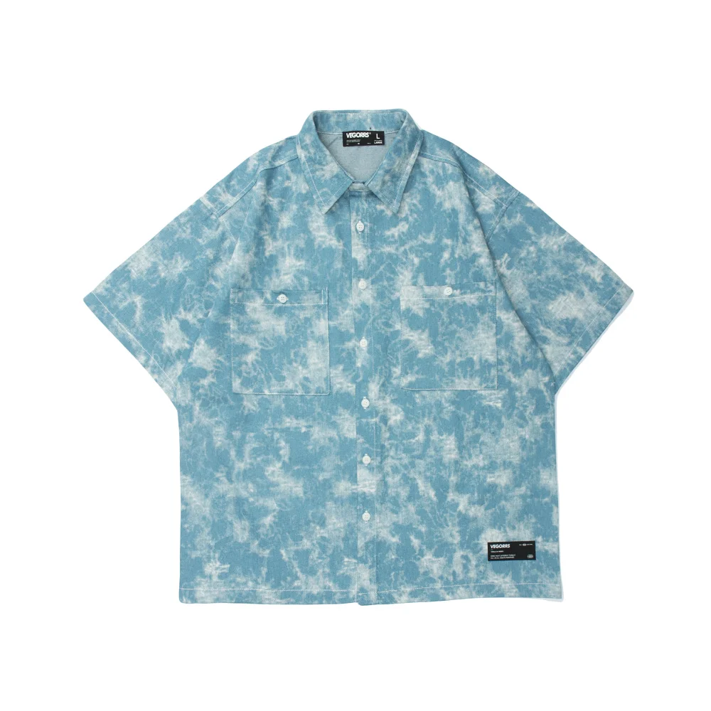 

Wholesale Character Pattern Back Side Fashion Men Loose Fit Denim Printed Shirt Blue Short Sleeve Hip Hop