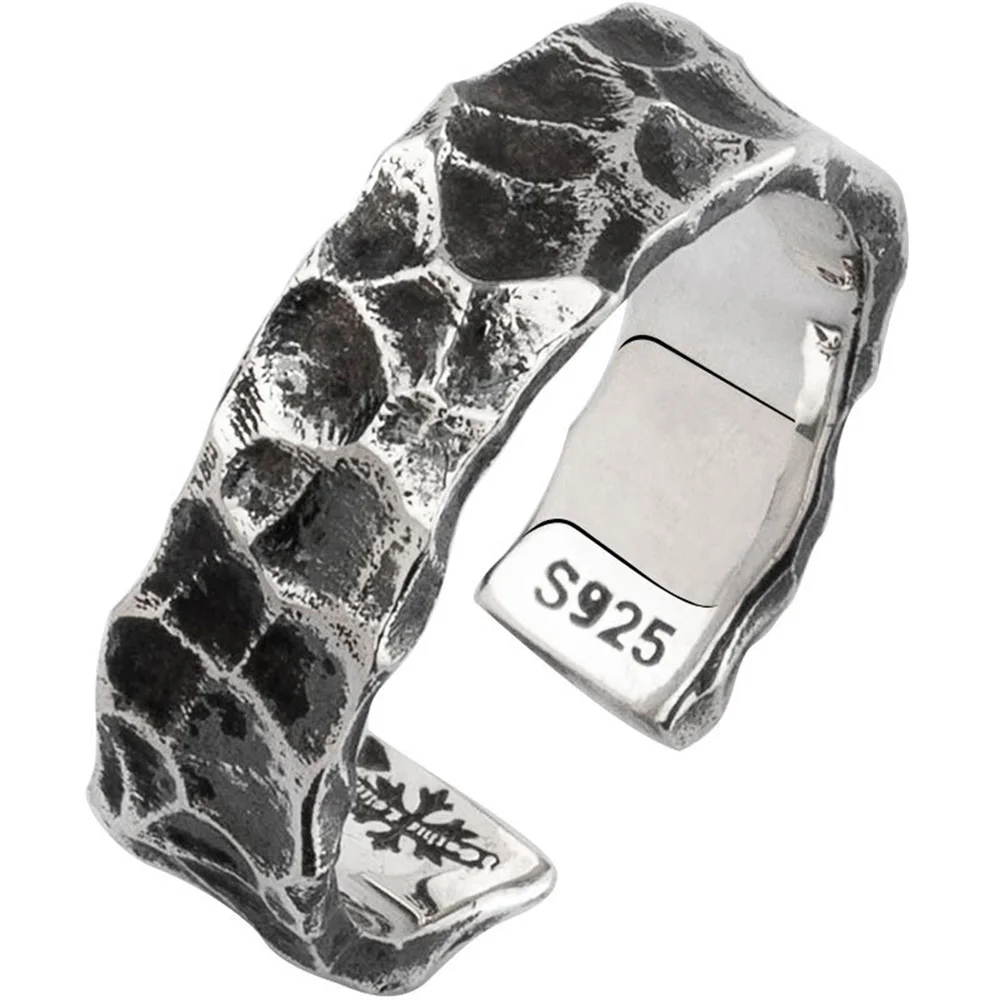 

Real 925 Sterling Silver Mens Rings Open Type Hammer Pattern Retro Punk Jewelry