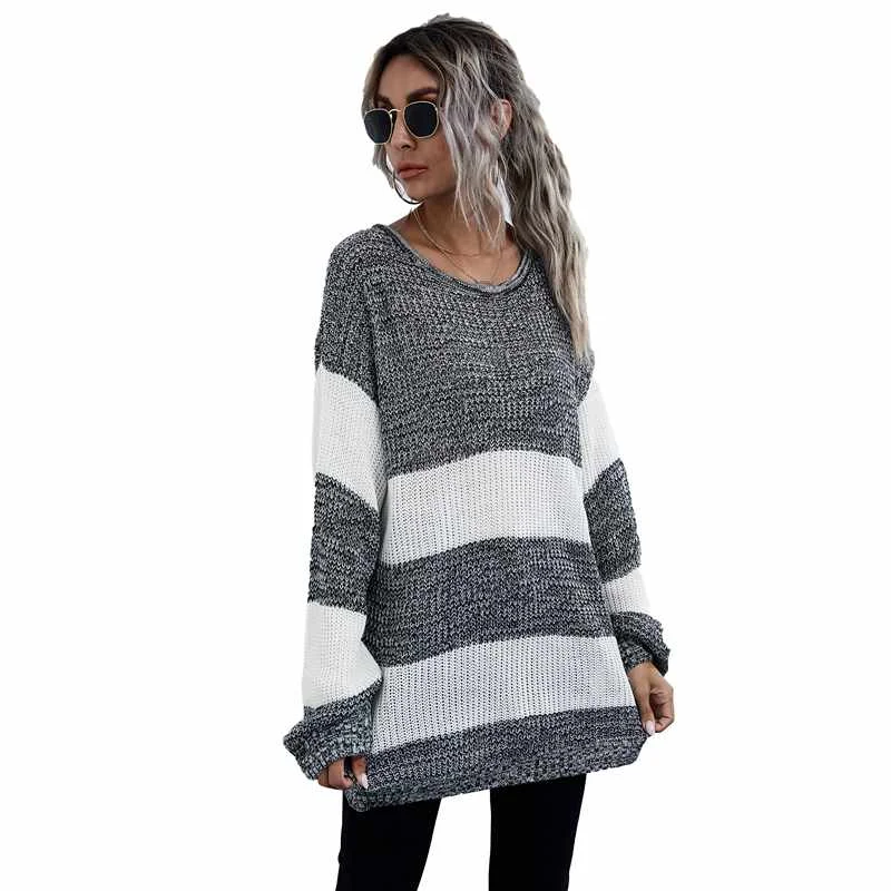 

Black and White Stripe Knit Women Long Oversized Pullover Sweater