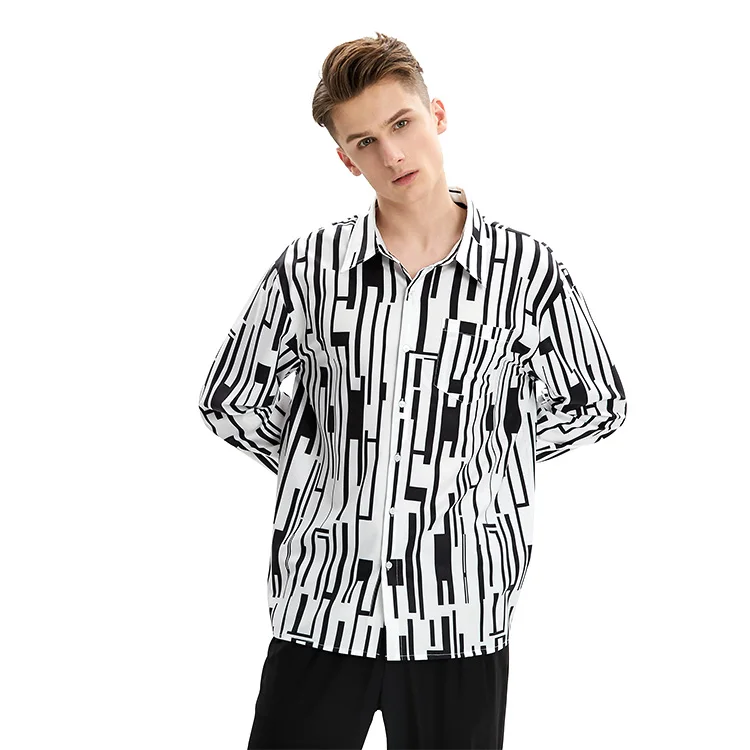

Fashion Print Men Stripe printing Shirt Lapel Collar Breathable Long Sleeve Casual Shirts