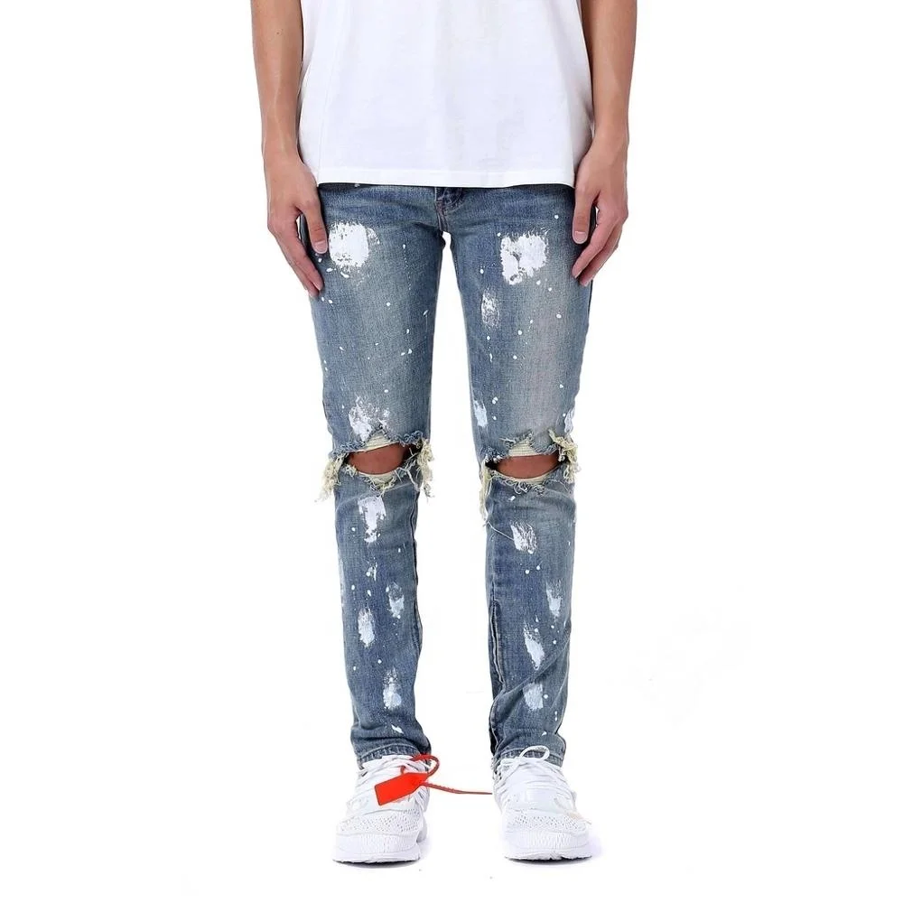 

DIZNEW Breathable custom ripped slim paint blue mens streetwear denim jeans pants