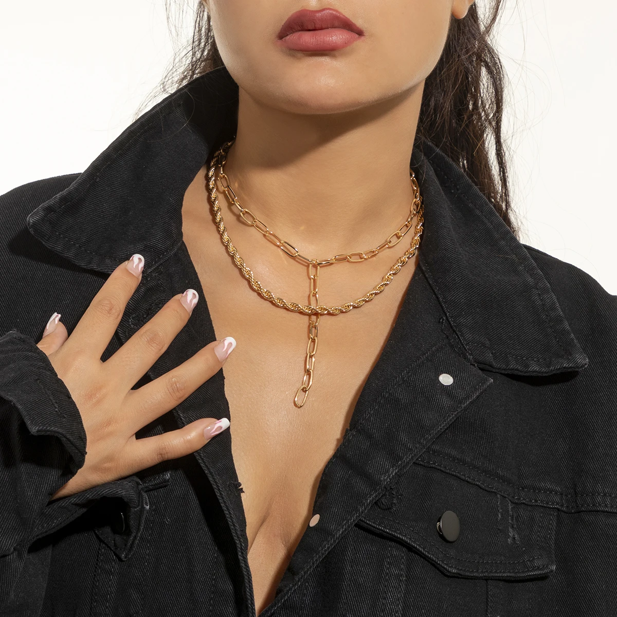 

SHIXIN Cyberpunk Twist Rope Chain Necklace Cool 2 Layer Link Chain Y-Shaped Necklace Popular Designer Necklaces for Men Women