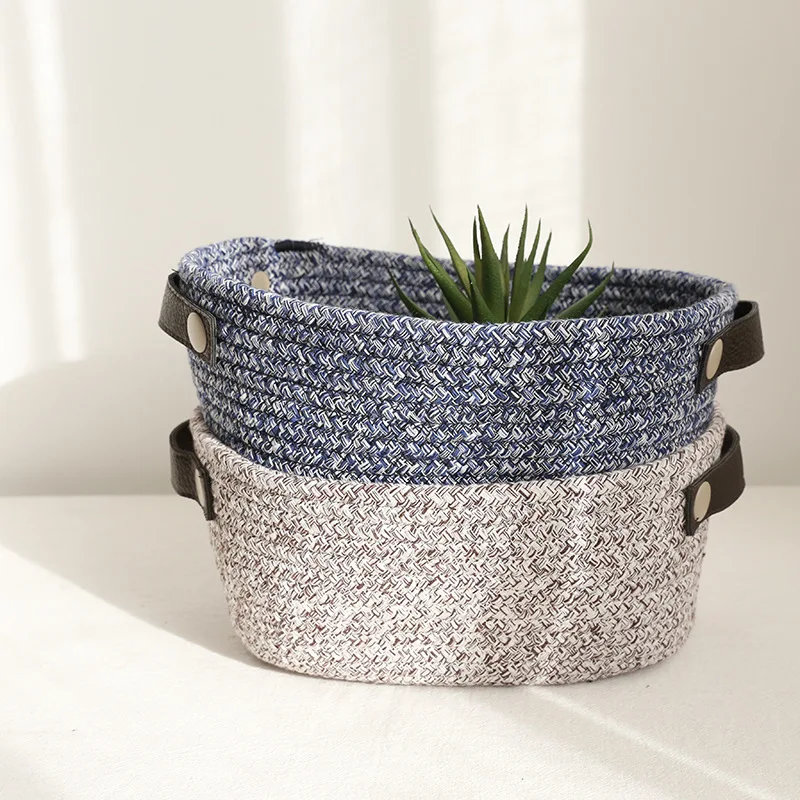 

Nordic fabric home desktop cotton woven sundries snack storage basket, Blue, grey