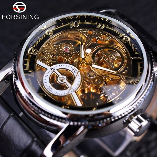 

Forsining Watch Hollow Skeleton Casual Designer Black Golden Case Gear Bezel Watches Men Luxury Brand Automatic Watches, According to reality