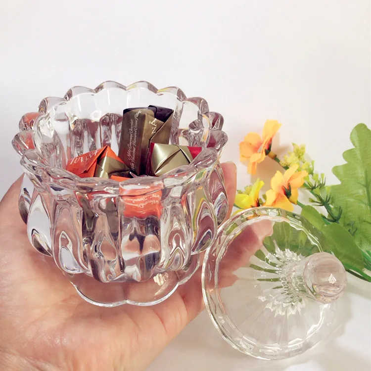 
Wholesale Fashion Flower Shape Design Crystal Clear Glass Snacks or Sugar Bowl With Lid 