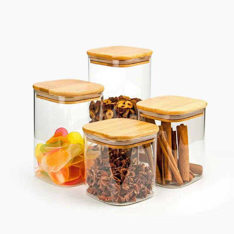 

Hand made high borosilicate glass square glass storage jar with bamboo lid for food stroage, High transparency