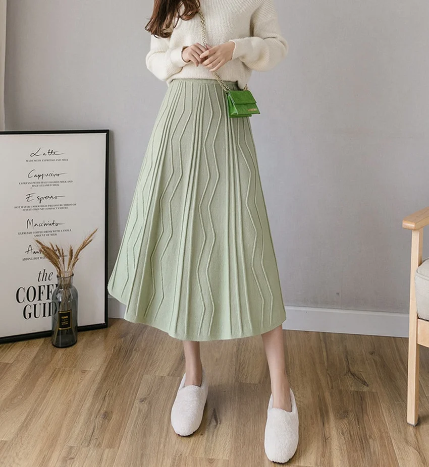 

B24393A New fashion skirt Korean high waist package hip skirt knitted a-line skirt, Black, pink, green