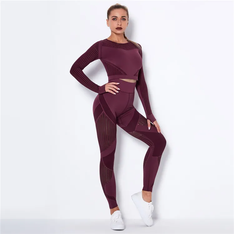 

2021 seamless yoga clothing quick dry clothes tight stripe hollow out fitness sports yoga pants two piece set