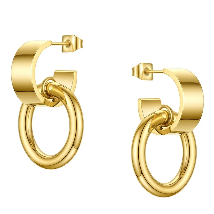 

The New High Quality 18K Gold Plated Stainless Steel C-Shaped Glossy Buckle Round Pendant Earrings E201183