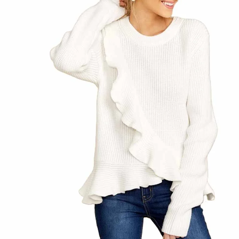 

Wholesale Custom Long Sleeves Crew Neck Ruffle Plus Size Pullover Knitted Sweater For Women