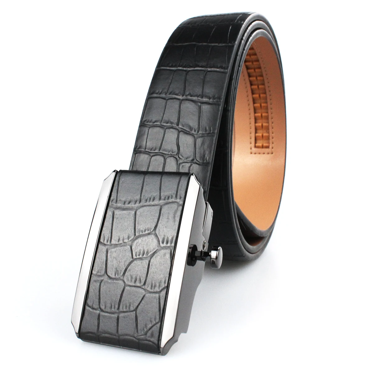 理想男士配饰黑色鳄鱼皮真皮腰带,耐用贴皮扣男士商务休闲牛仔裤