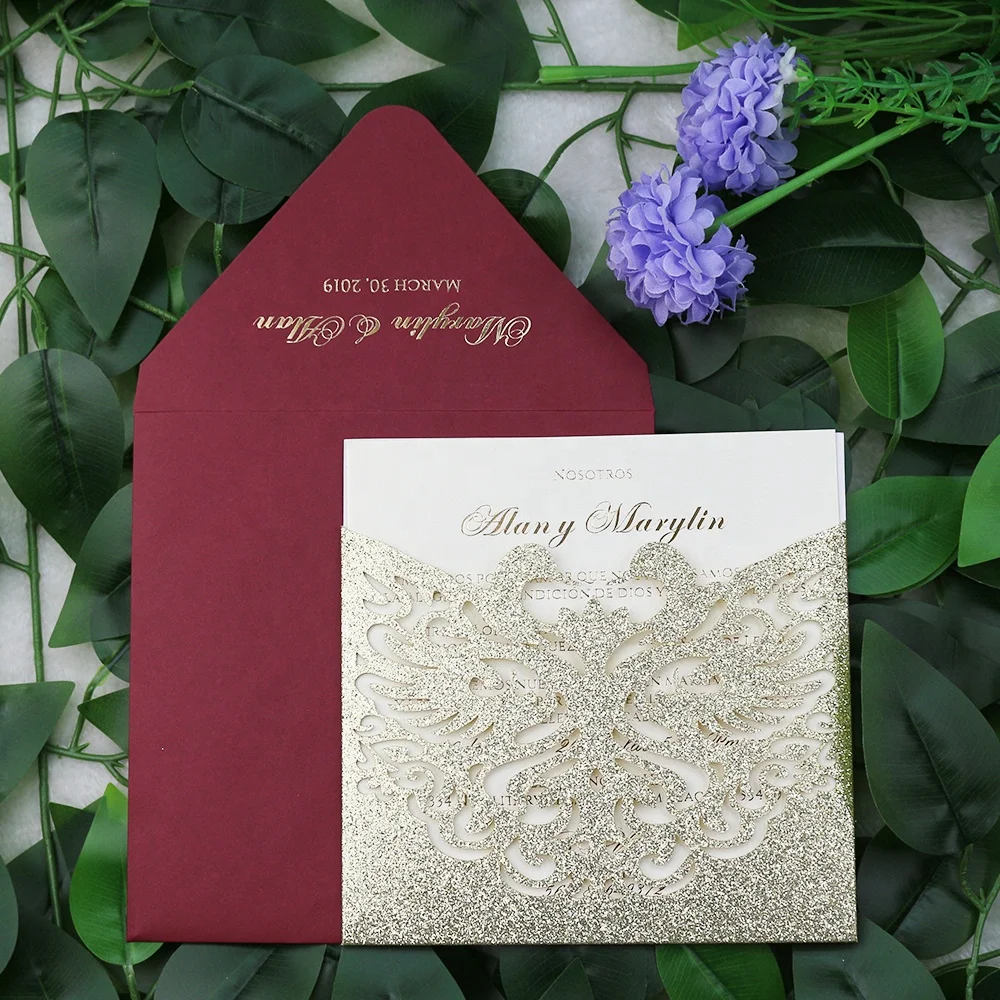 

Beautiful Swan pattern gold Glitter Laser Cut Wedding Invitation With Burgundy Envelope