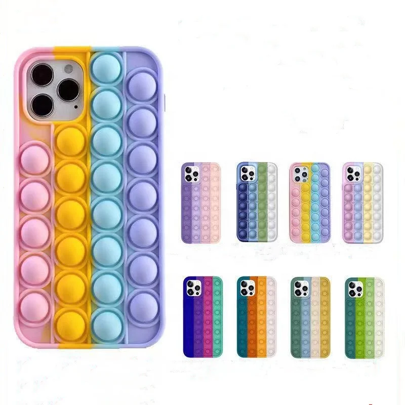 

2021 Newest 3d Silicone Rainbow Cyan 11 12 XR Cactus Push Bubble Toy Fidget Pop It Phone Case For Iphone Cases, 5 colors