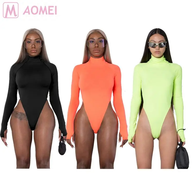 

amazon 2021 B6019 hot onsale turtleneck solid color long sleeve skinny Clothing bodysuit Woman, Black, fluorescent green, orange