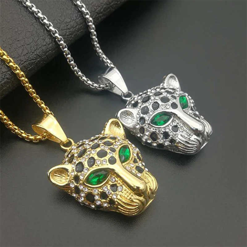 

Fashion Hip Hop Jewelry Titanium Steel Gold Plated Diamond Red And Green Eye Leopard Head Pendant Necklace