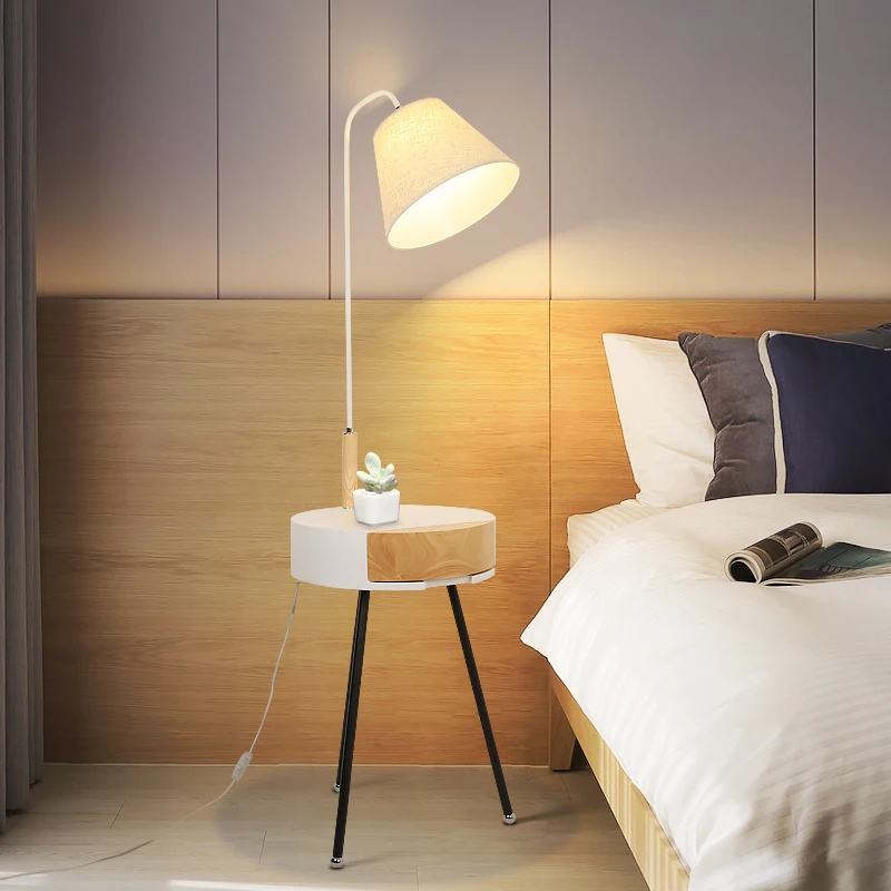 New Arrival LED Floor Light Tea Table Furniture with Solid Wood Drawer Modern Standing Light Floor lamps with USB for Bedside