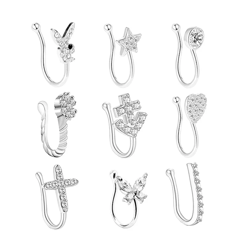 

YICAI 9pcs Cute Rabbit Star Clear Crystal Adjustable Fake Nose Ring U Shape Non Piercing Butterfly Nose Cuffs, Gold/silver/rose gold