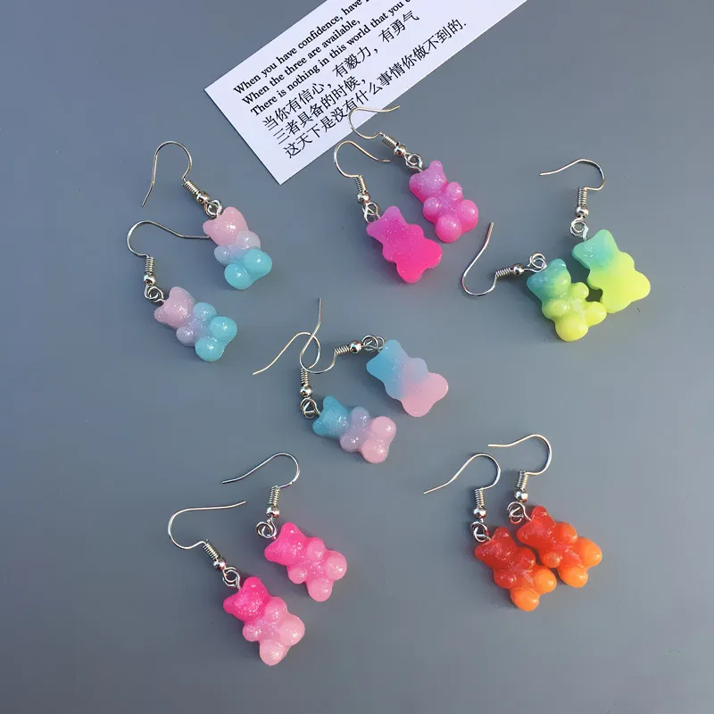 

Hot Selling Girls Kids Cute Resin Jelly Bear Drop Earring Ombre Candy Color Gummy Bear Clip On Earrings