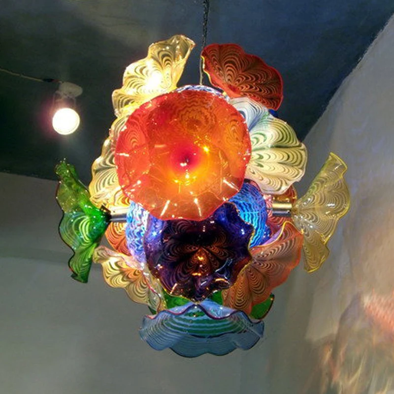 

Colored Fancy Hand Blown Art Glass Plates Elegant Large Chandelier Hotel Lobby, Customized
