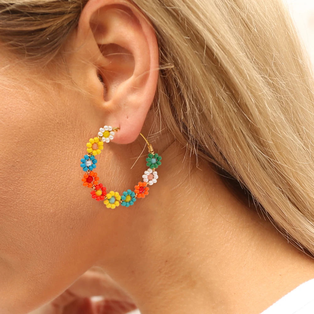 

Go2boho Bohemian Handmade Jewelry Colorful Woven Flower Stainless Steel Hoop Earrings for Women Funny Gifts for Girlfriend