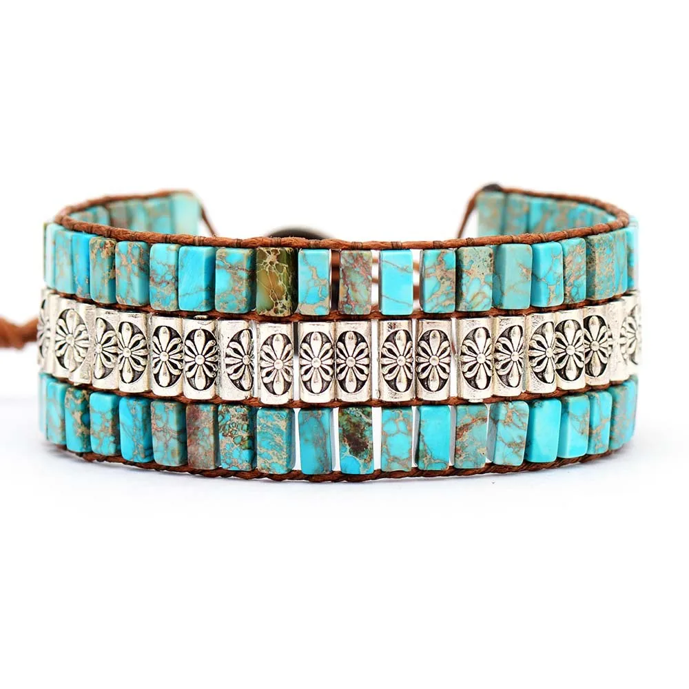 

Natural imperial Jasper Stone Bead Bracelet Handmade Braid Leather Wristband Wrap Stone Bracelet