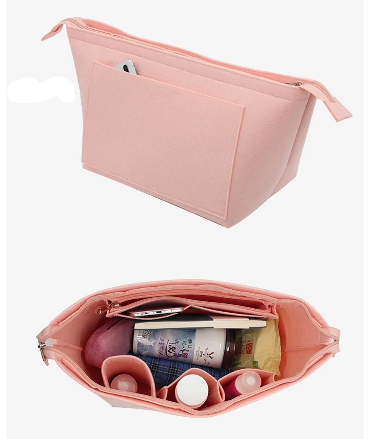 

Felt Tote Bag Zip Inside Pocket Storage Built-in Support Type Insert Bag Finishing Cosmetic Bag Purse Organizer