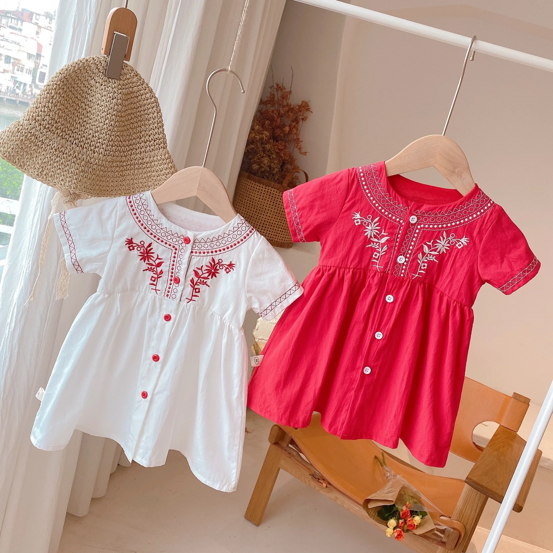 

2043ACQ03929 summer Kids clothing white red infant baby girls' dresses embroidery flower children clothes