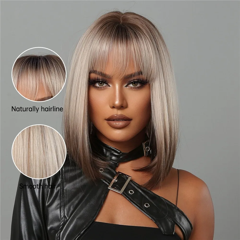 HAOLING Women's Short Straight Synthetic Wig Blonde to Brown Ombre Bob Wig with Bangs Rose Mesh Heat Resistant Synthetic Hair