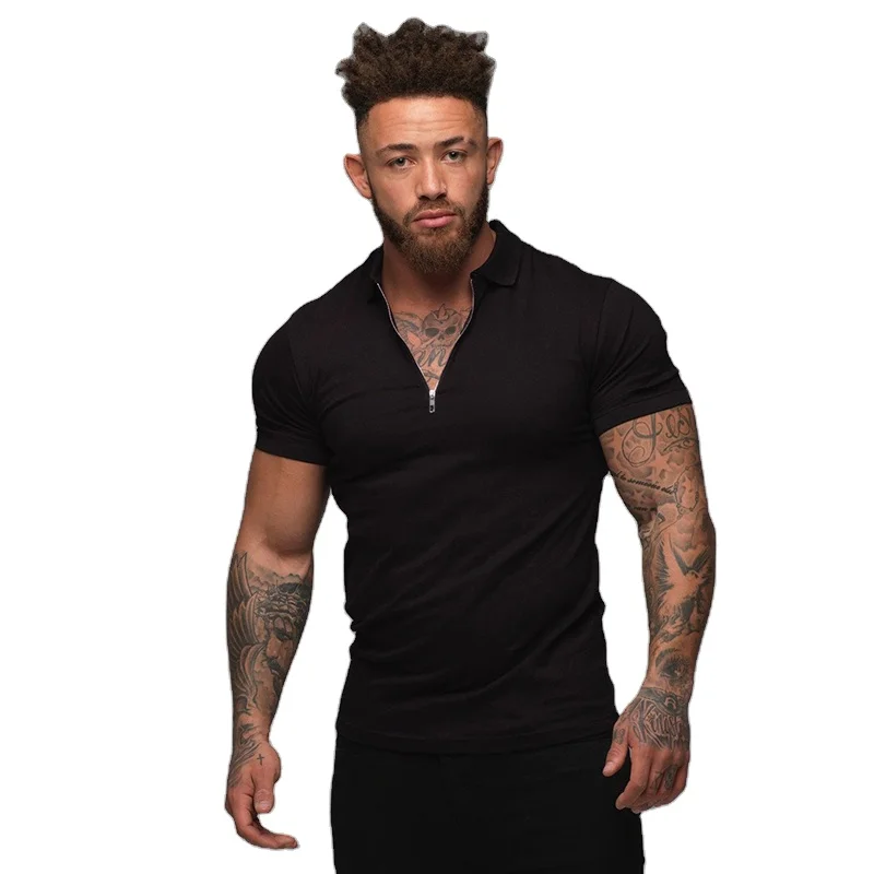 

Man Fashion Polo Shirt Casual Fashion Plain Color Short Sleeve High Quality Quarter zip Slim Polo Shirt Men Fitness Polo homme, Customized color