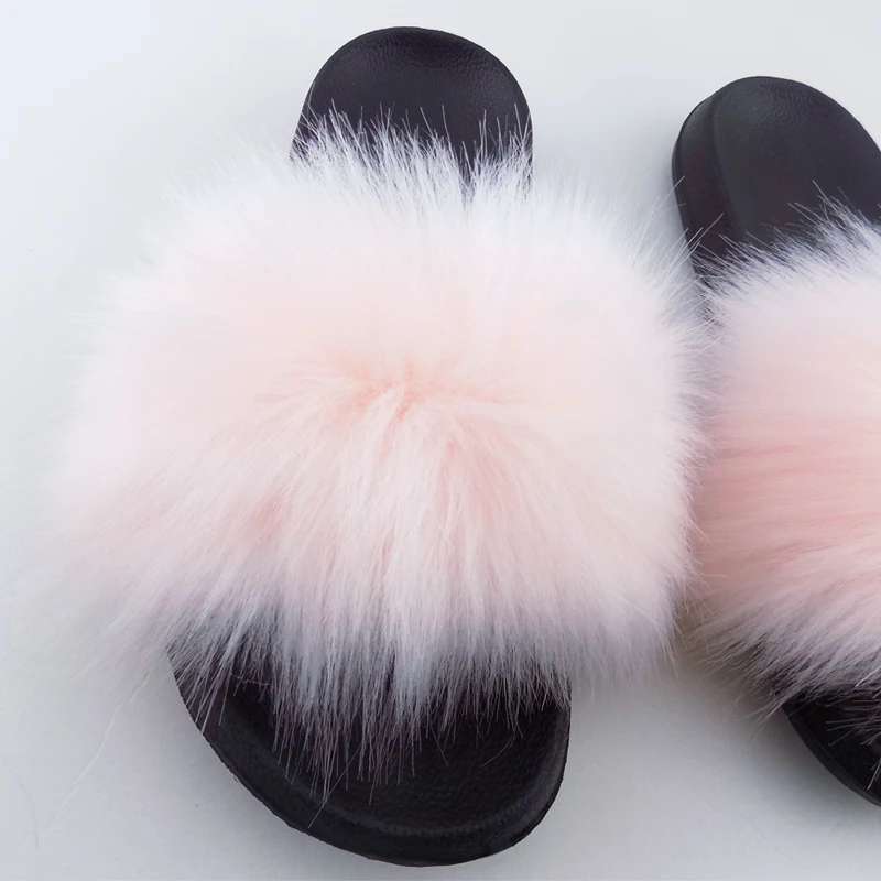 

luxury style women fur flat slides faux fox fur slipper, Customized