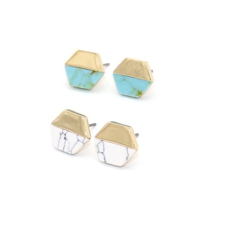 

Hexagon White Green man-made Turquoise Stone Stud Earrings Gold Color Jewelry for Women