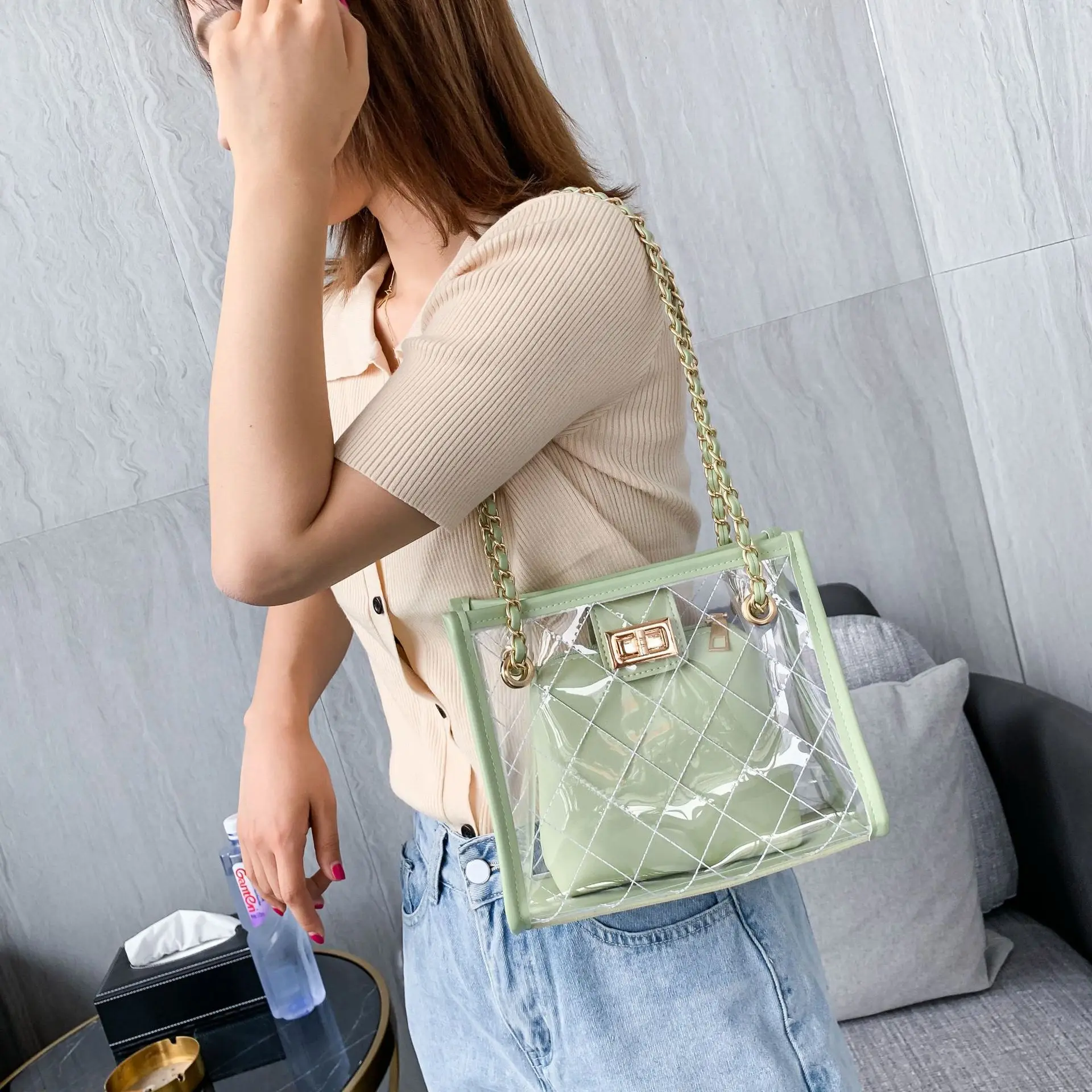 

2020 female bag new trendy rhombus transparent handbag fashion chain shoulder bag messenger bag, Green, black, white,pink