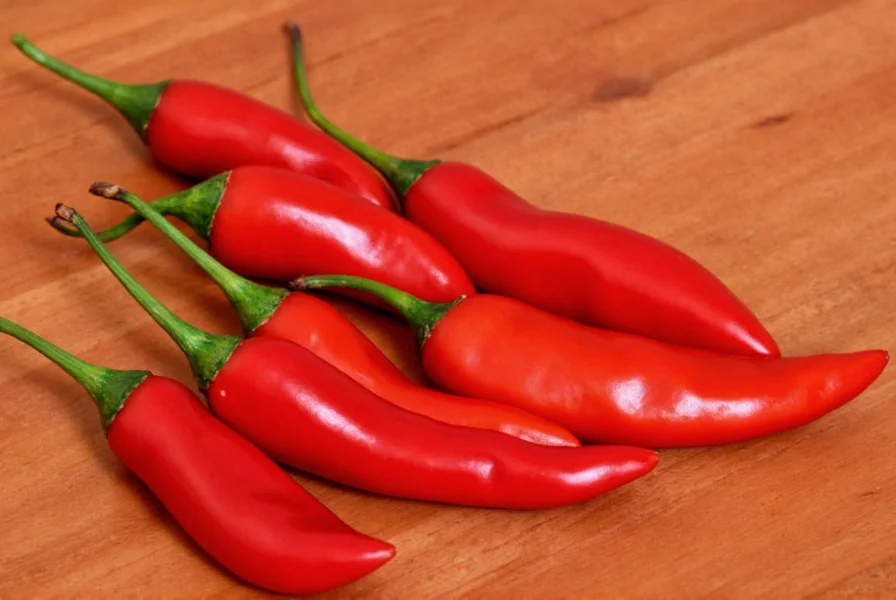 Mexican chili peppers arranged on a wooden table