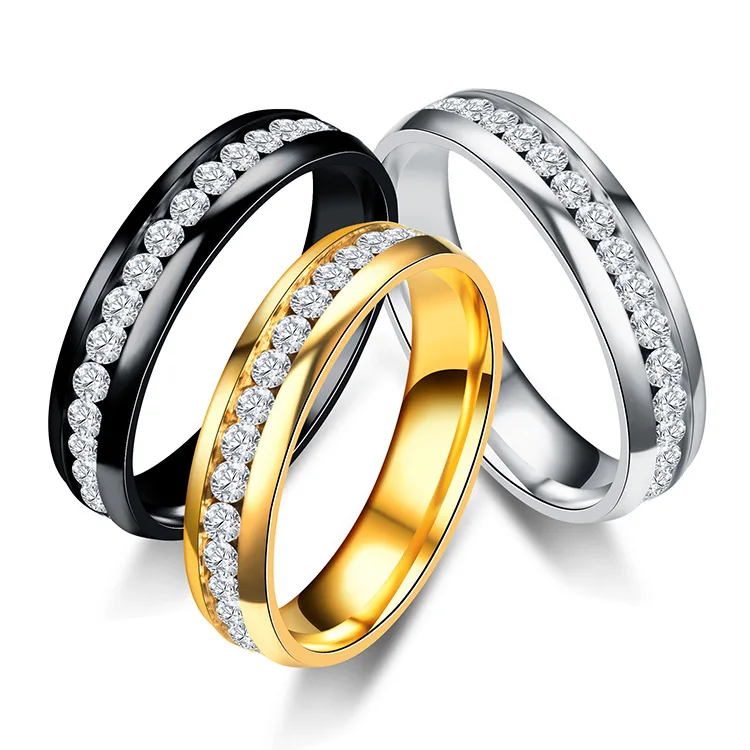 

Trendy Stainless Steel Jewelry Crystal Wedding Rings One Row Diamond Rings Gold Silver Finger Couple Ring Jewelry, Gold,silver,black