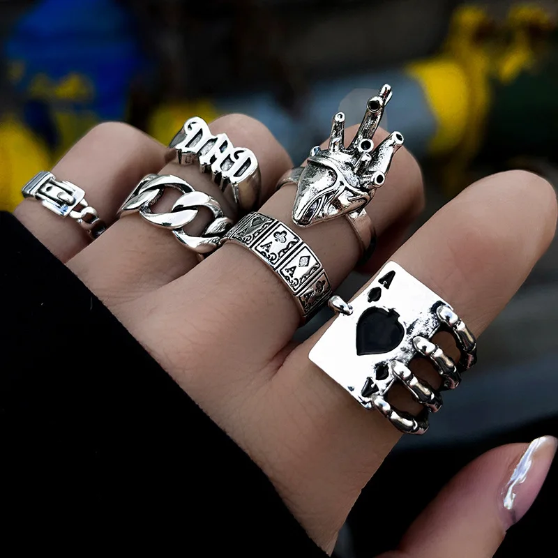 

Vintage Gothic Heavy Metal Spades A Heart Silver Ring Set Dark Ghost Butterfly Snake Hip hop Ring 6PC Jewelry