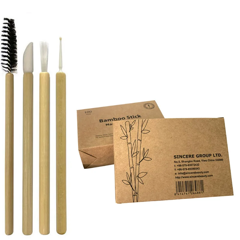 

100 Counts Eco-friendly Bamboo Stick Handle Mascara Wand Eyelash Extension Spoolie Brushes in Kraft Box, White,black,pink,blue brush head