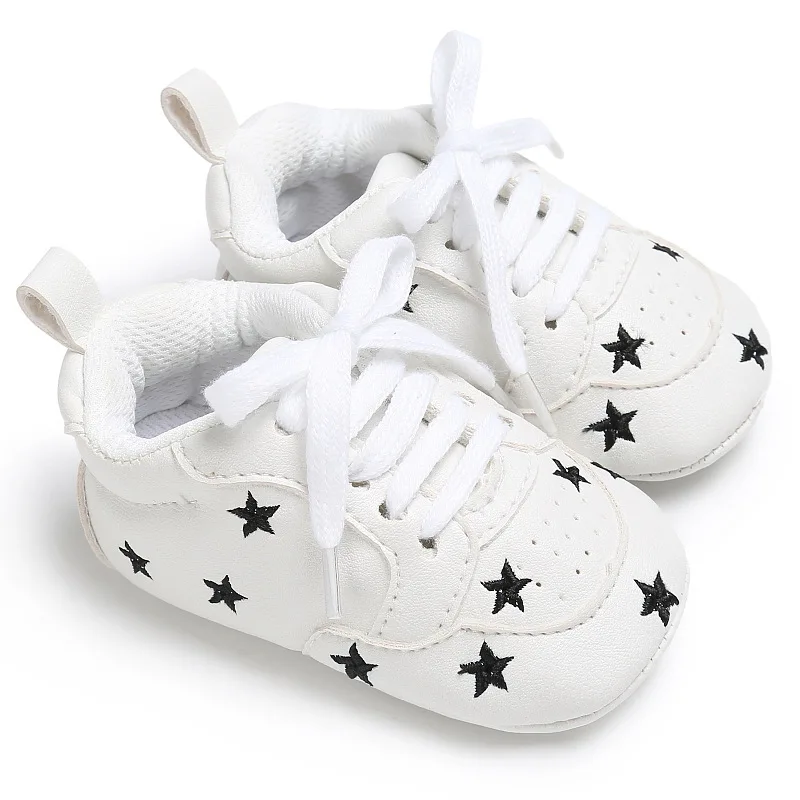 

Fashion Hot Sale PU Leather Embroidered Stars Baby Boys Girls Casual Shoes Beautiful Rubber Sole Infant Walking Shoe, Colors