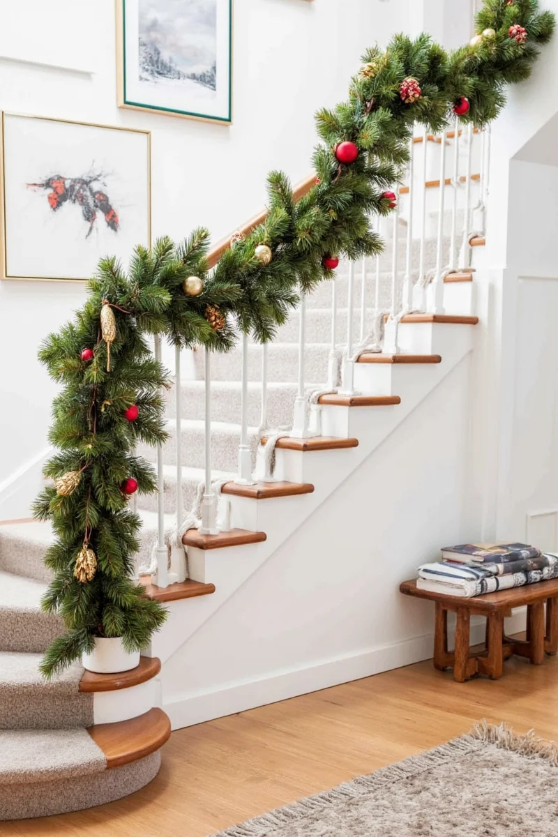Magnetic garland clip system on staircase