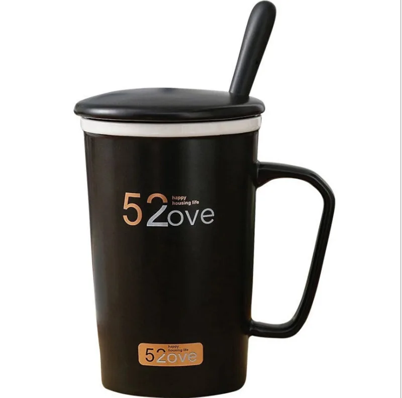 

QIAN HU Valentine Lovers Couple Cups Ceramic Handmade Coffee Mug Set With Lid Spoon Custom Logo, Black,white